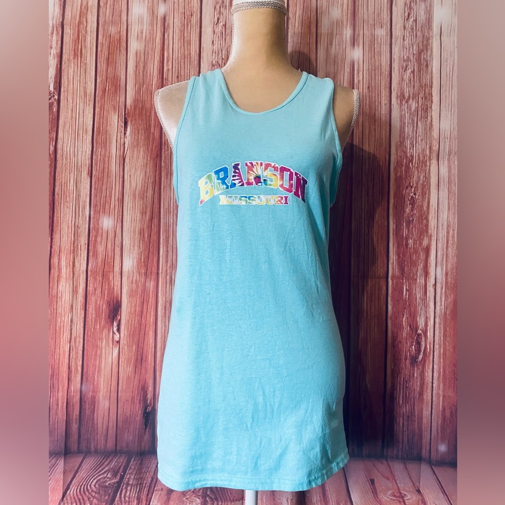 Women’s Small Tank Top Branson Missouri Graphic Print Aqua Blue Soft 100% Cotton